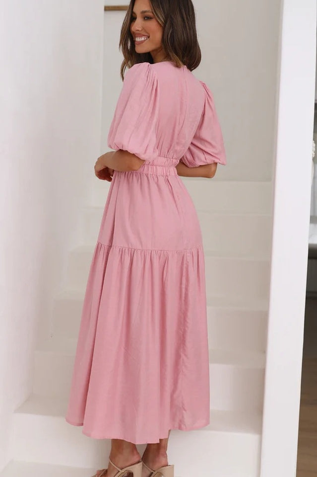 Deep V-Neck Smocked Waist Puff Sleeve Tiered Midi Dress
