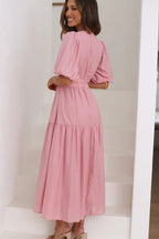 Deep V-Neck Smocked Waist Puff Sleeve Tiered Midi Dress