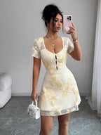 Mesh Embroidery Square Collar Mini&Short Dresses