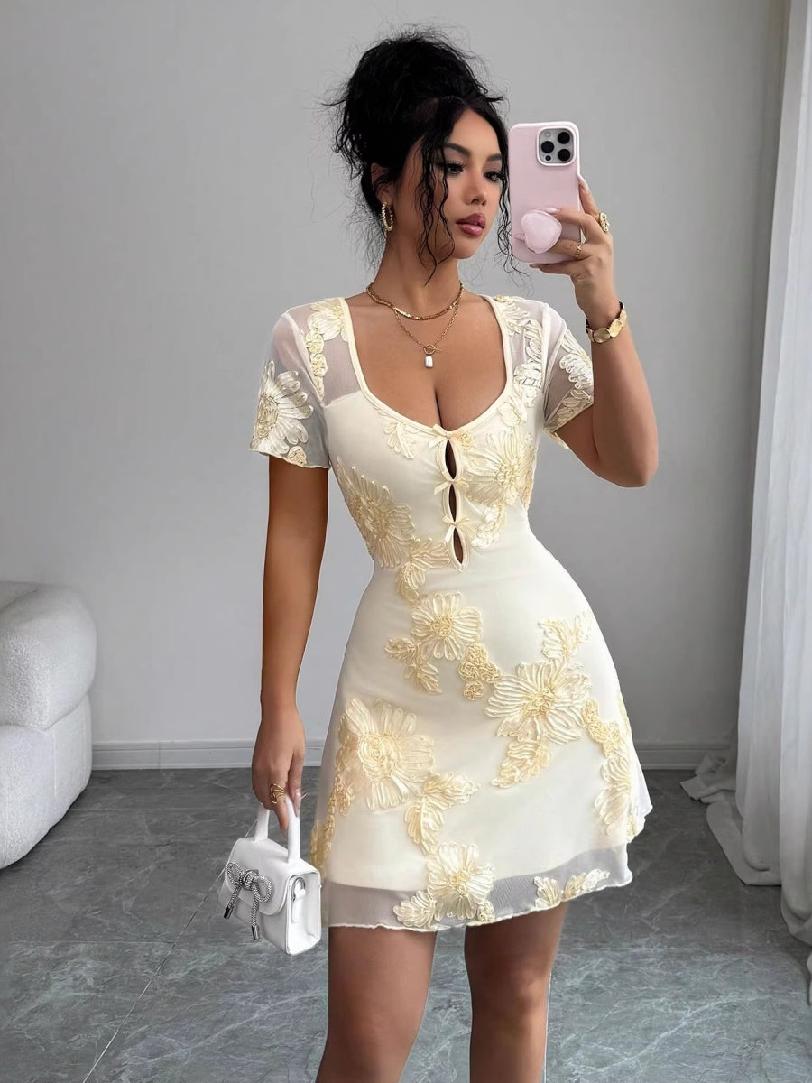 Mesh Embroidery Square Collar Mini&Short Dresses