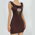 Ribbed cap sleeve flower embroidery ruffle mini dress