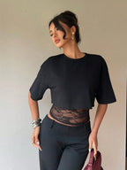Layered-look Lace Splicing Slim-fit Hollow Sexy Short Sleeve T-shirts