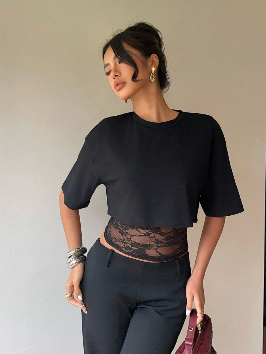 Layered-look Lace Splicing Slim-fit Hollow Sexy Short Sleeve T-shirts