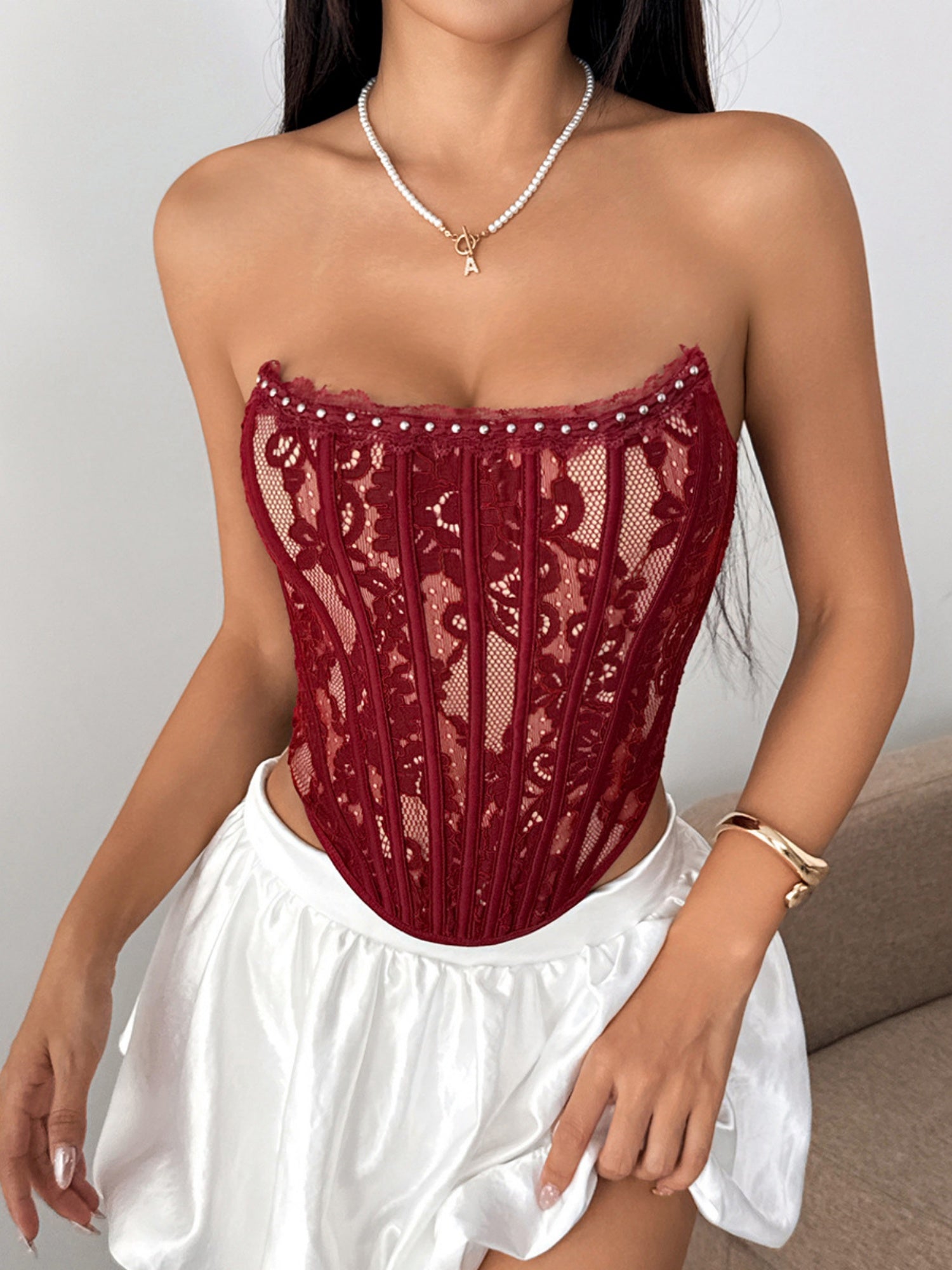 Flower Lace Herringbone Buckle Backless Tube Top Tank Tops