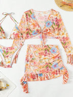 Floral Print Ruffled Bikini Four-Piece Set