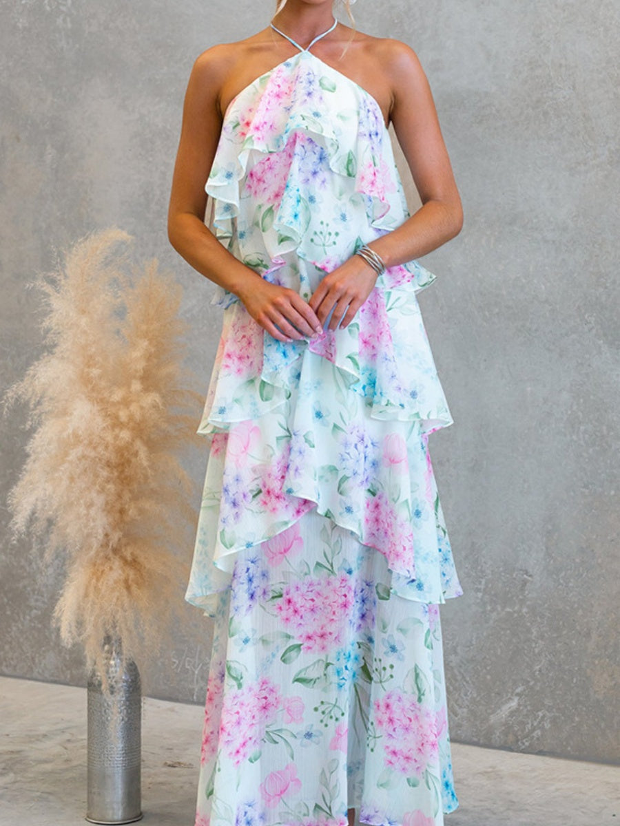 Chiffon Multi-story Halter Printed Vacation Maxi Dresses
