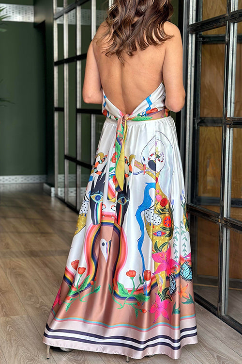Unique Print Cowl Neck Tie Knot Backless Top and Pocketed Maxi Skirt Set