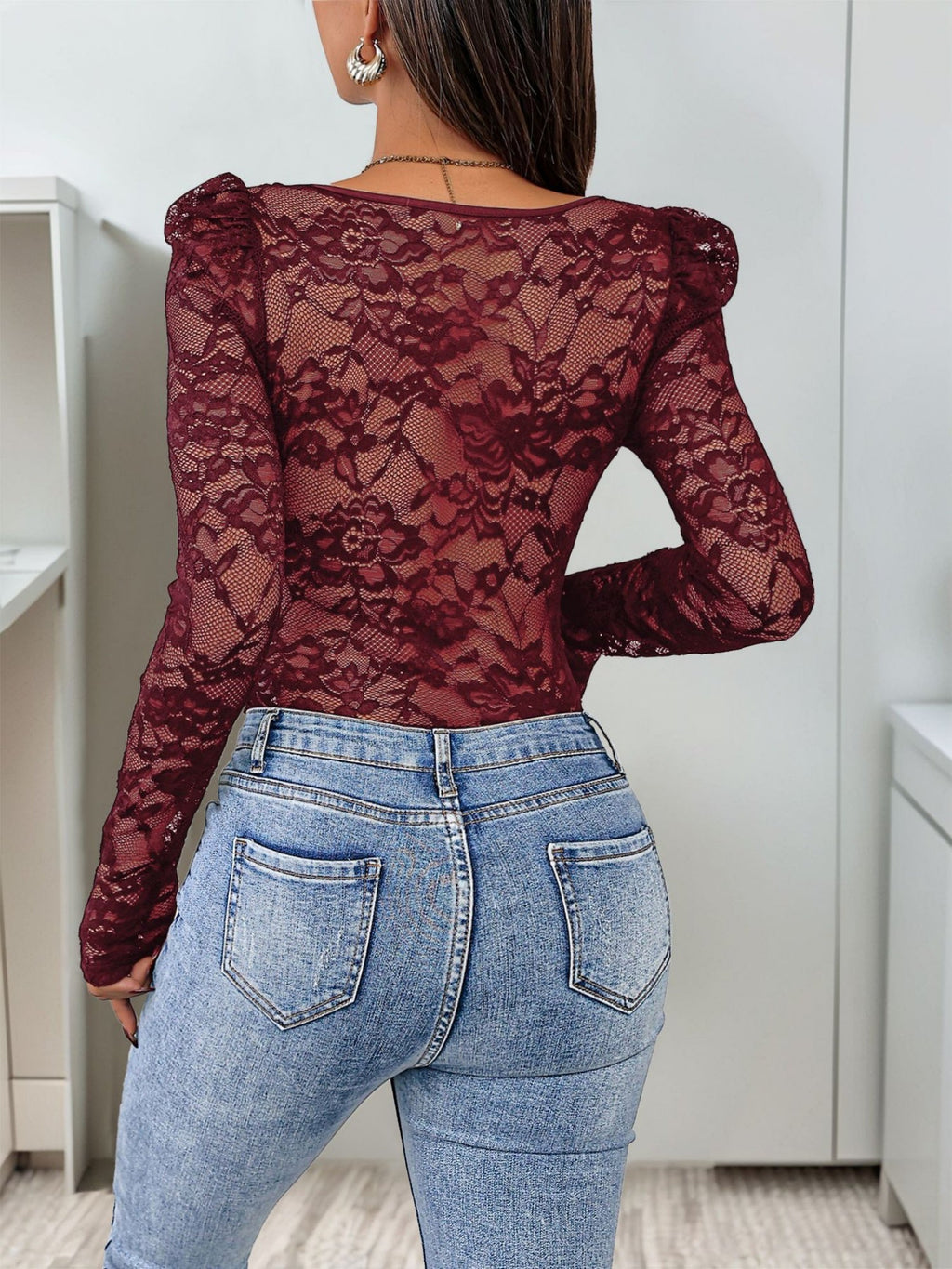 Openwork Lace Trim Spliced Square Neck Tight-fitting Long Sleeves Bodysuits