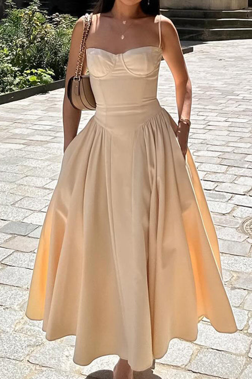 Corset Bustier Spaghetti Strap Basque Waist Gathered Full Midi Dress