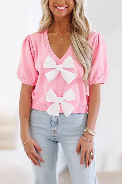 V Neck Short Sleeves Bow Knot Knit Top