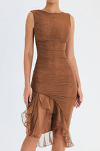 Crew Neck Ruched Mesh Bodycon High Slit Tiered Ruffle Hem Midi Dress