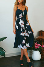 Sunflower Print Spaghetti Strap Button Front Fit and Flare Midi Dress