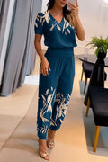 V Neck Short Sleeve Tunic Top High Waist Harem Joggers Printed Set