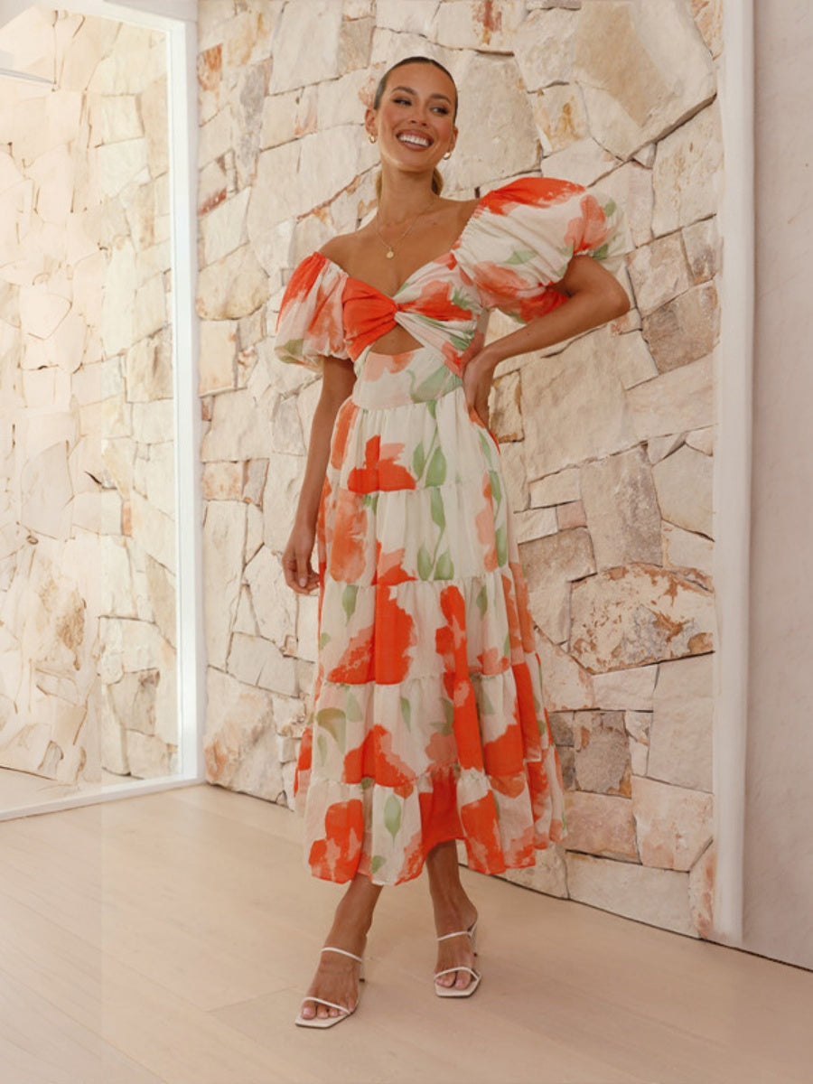 Printed Puff Sleeve Sweetheart Collar Vacation Maxi Dresses
