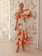 Printed Puff Sleeve Sweetheart Collar Vacation Maxi Dresses