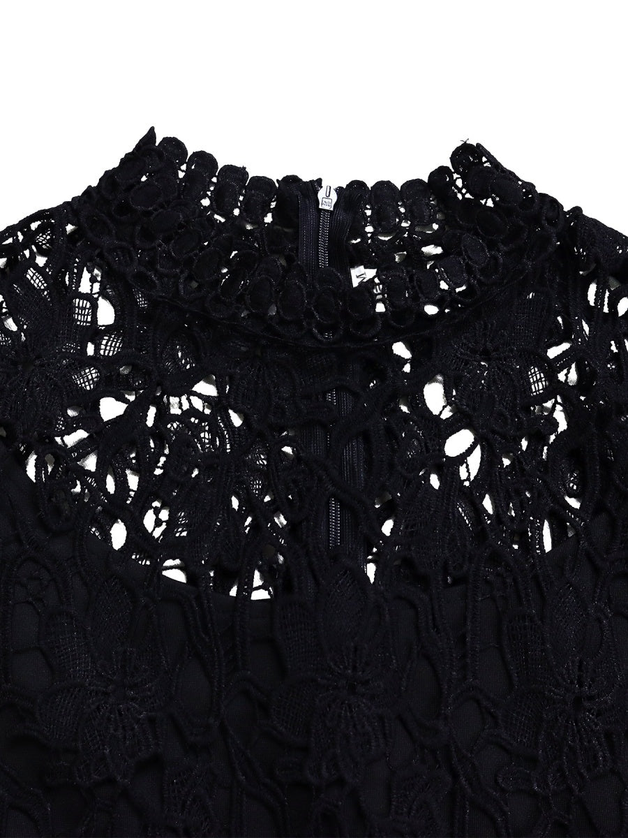 Lace Trim Hollow Short Sleeve Bandage High Waist Wide Leg Jumpsuits
