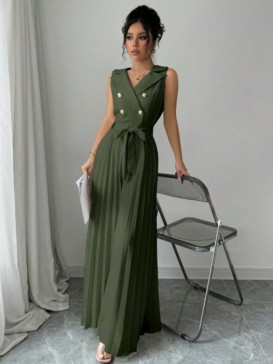 Commuting Suit Collar Pleated Pants Double-breasted Jumpsuits