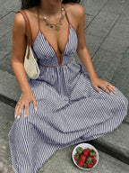 Stripes Color-blocked Splicing V-neck Hollow Maxi Dresses
