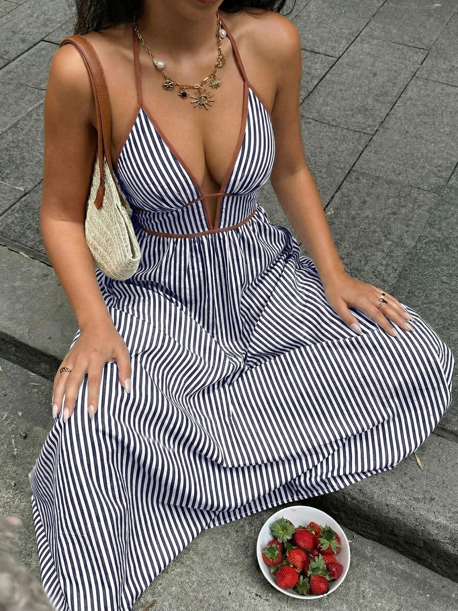 Stripes Color-blocked Splicing V-neck Hollow Maxi Dresses