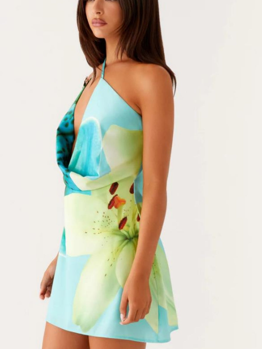 One-shoulder Floral Print Halter Dress With A Flared Neckline