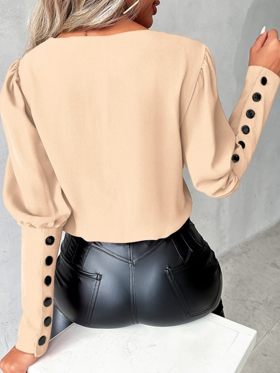 V-neck Solid Color Long-sleeved Button-down Women's Shirt