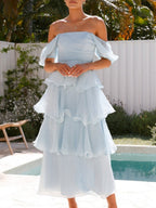 Square Collar Puff Sleeve Cake Skirt Vacation Parties Maxi Dresses