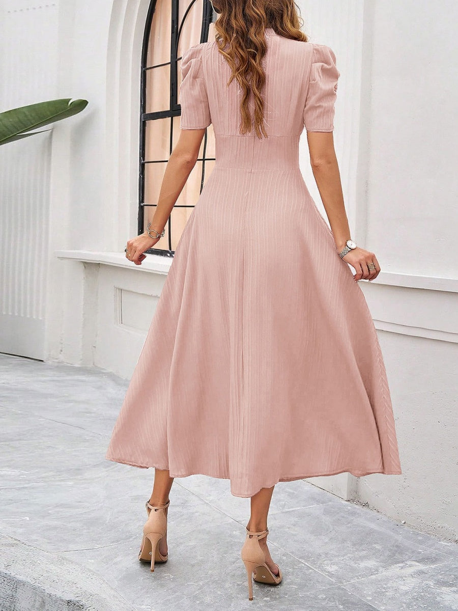 Pleated Waist Short Sleeve Maxi Dresses