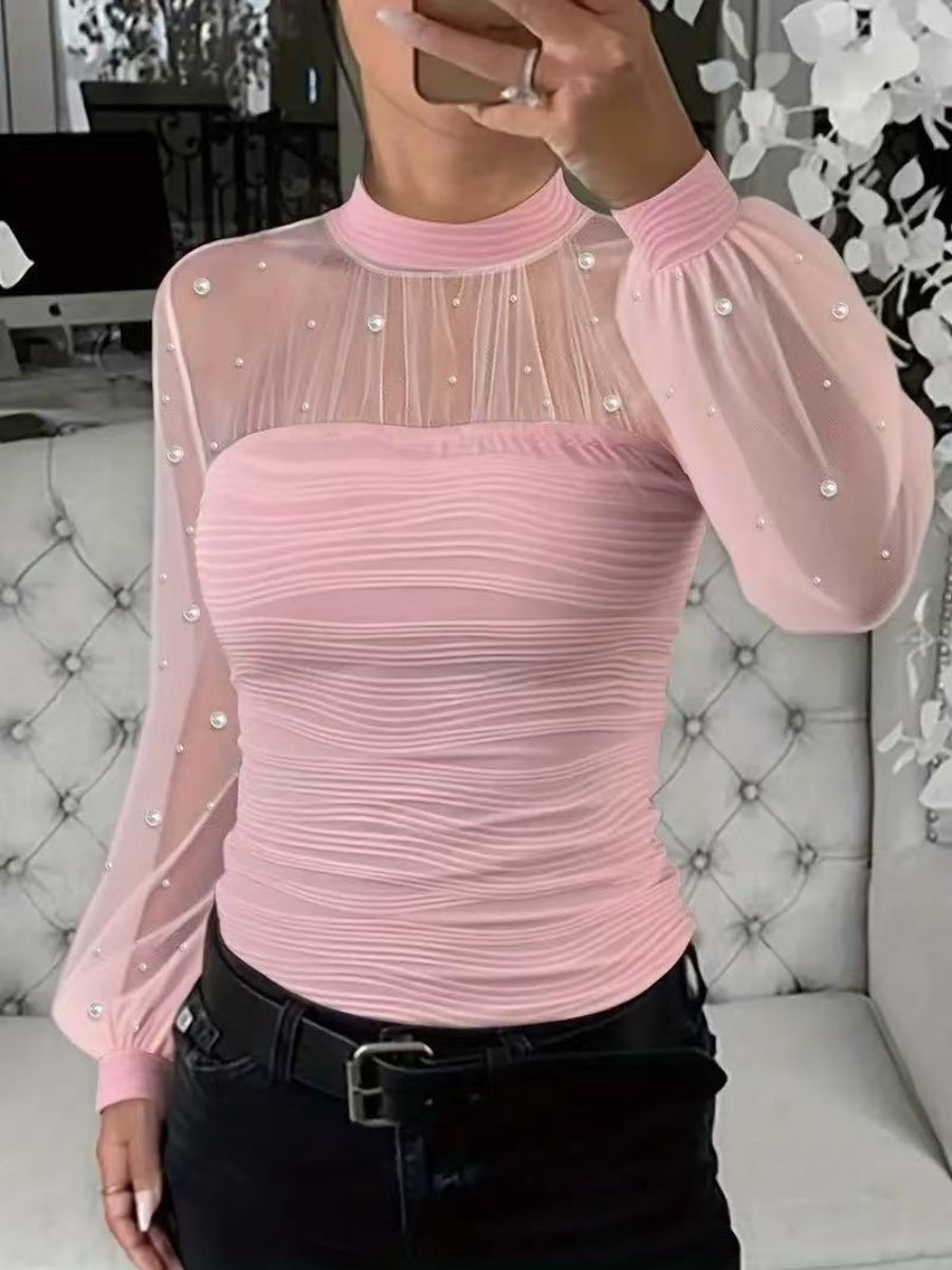Beading Gathering Gauze T-shirt Sheer Tops