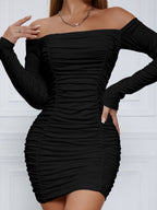Off-the-shoulder Long-sleeved Pleated Bodycon Short Dress