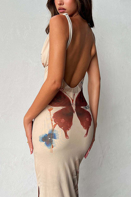 V Neck Sleeveless Open Back Side Slit Printed Maxi Dress