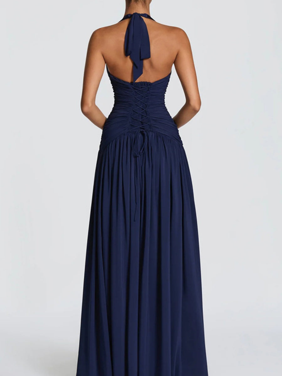 Deep V Halter Backless Maxi Dresses