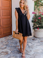 Lace Jacquard Openwork V-neck With Ruffles Solid Color Mini&Short Dresses