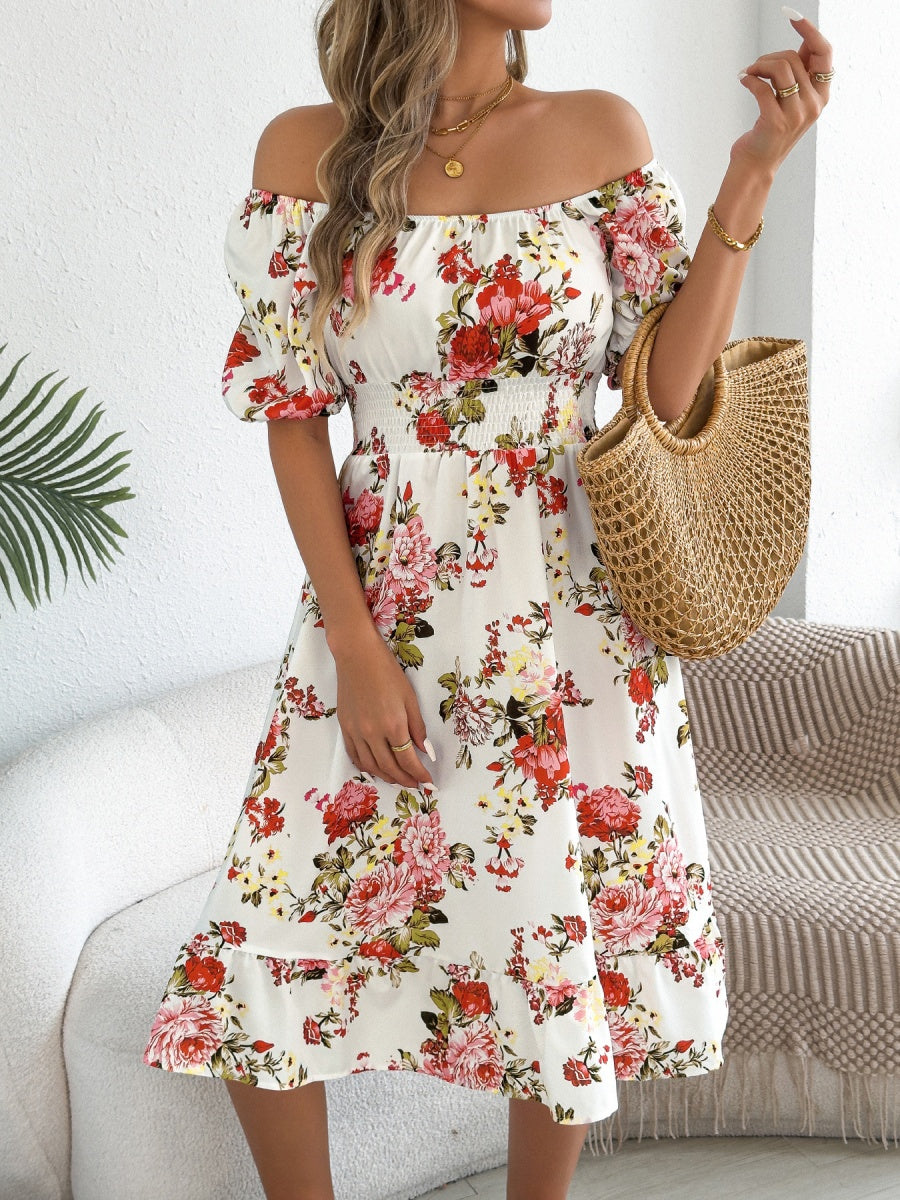 Ruffle Printed Vacation Off-shoulder Mini&Short Dresses