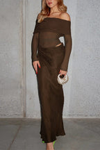 Off Shoulder Mesh Patchwork Ruched Maxi Dress