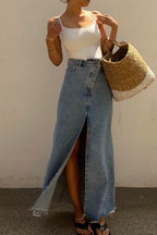 Raw Hem High Slit Maxi Denim Skirt