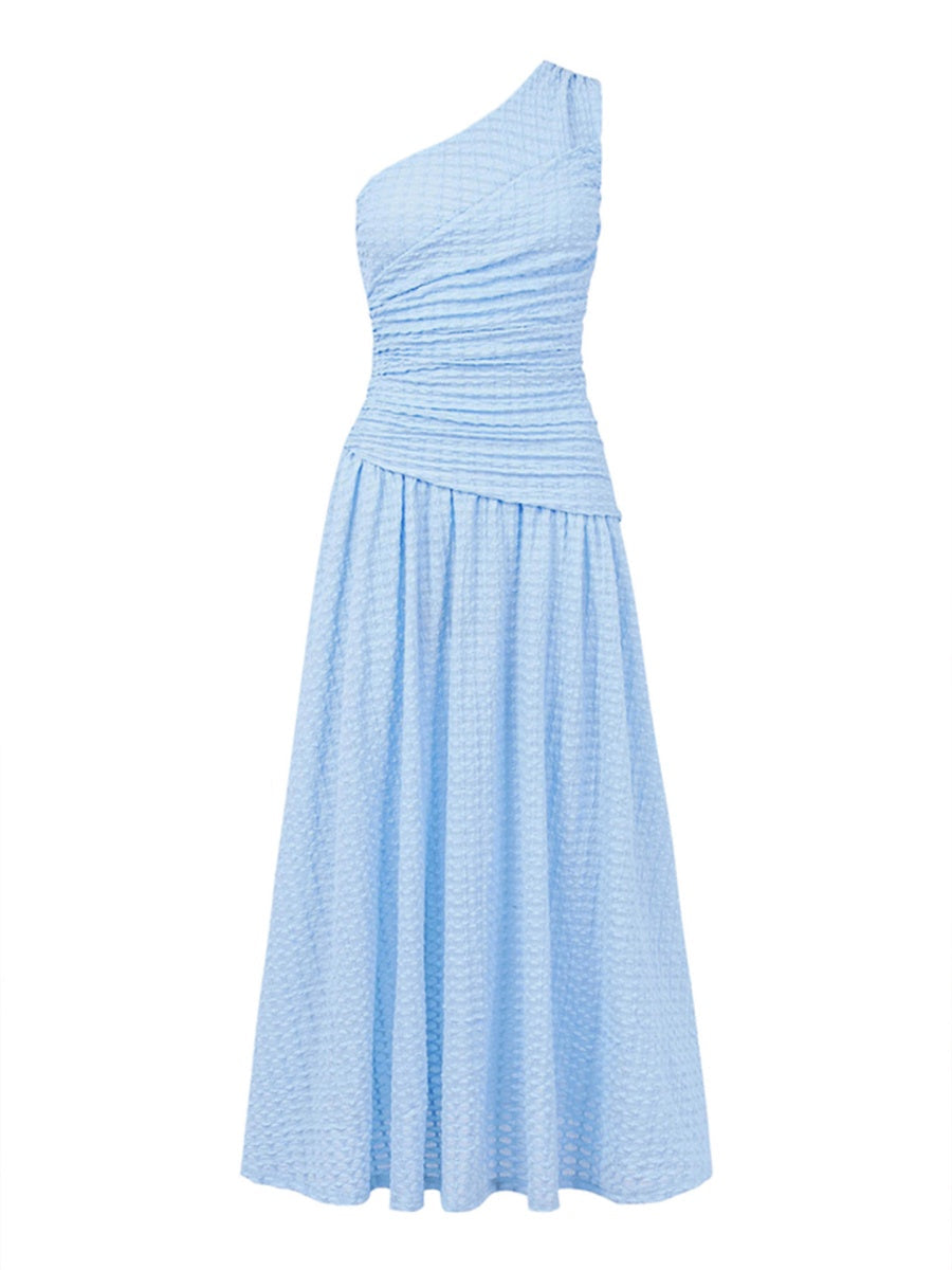 Sloping Shoulders Blue Asymmetrical Instagram Style Maxi Dresses