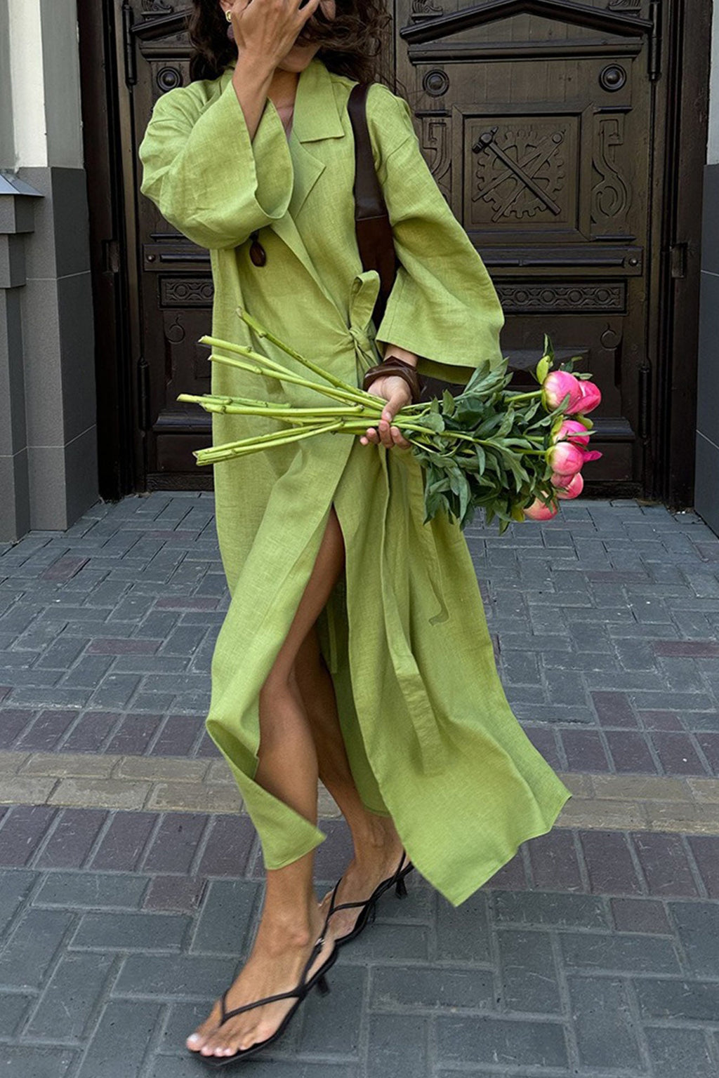 Lapel Tie-up Cotton Linen Dress