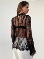 Lace Trim Long Sleeve Base Layer Mesh&Sheer Tops