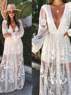 Lace Long-sleeved V-neck Solid Color Chiffon Long Dress
