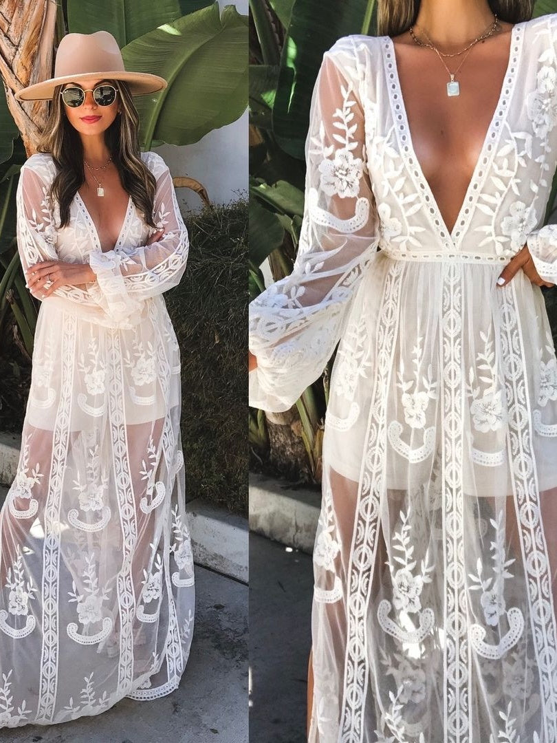 Lace Long-sleeved V-neck Solid Color Chiffon Long Dress