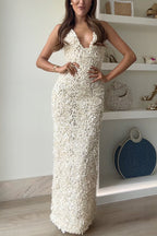 V Neck Plunge Rose Applique Bodycon Maxi Cami Dress