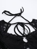 Black Lace Long-sleeved Jumpsuit Shorts