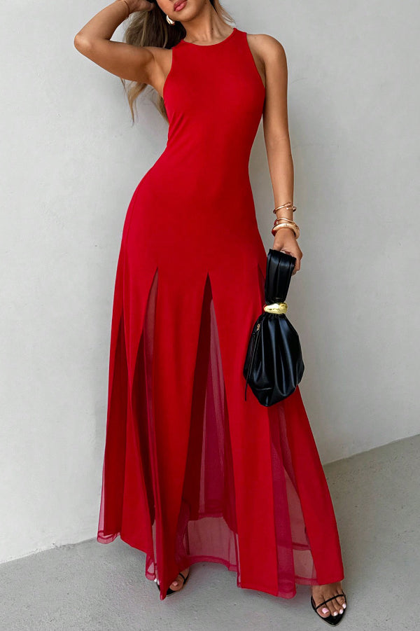 Solid Color Round Neck Sleeveless Slim Fit Sheer Patchwork Hem Maxi Dress