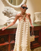 3D Floral Applique Crisscross Halter Tiered Maxi Dress