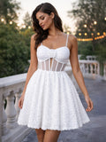 White Mini Slip Dress With Flower Decoration And Sheer Waist 2026