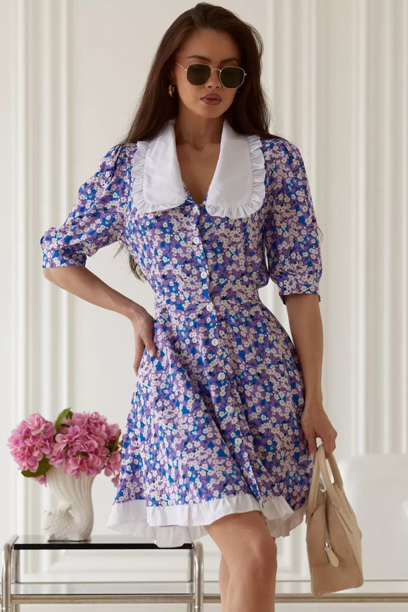 Purple Oversized Peter Pan Collar Puff Sleeve Ruffle Hem Ditsy Floral Mini Dress