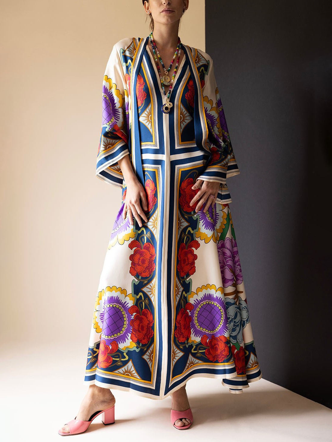 Deep V-Neck Scarf Print Kimono Sleeve Floral Maxi Dress