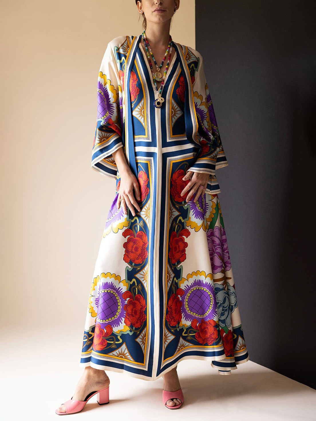 Deep V-Neck Scarf Print Kimono Sleeve Floral Maxi Dress