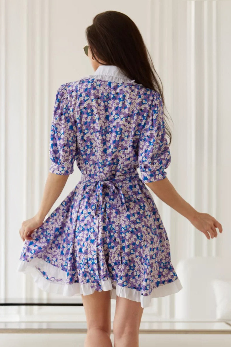 Purple Oversized Peter Pan Collar Puff Sleeve Ruffle Hem Ditsy Floral Mini Dress