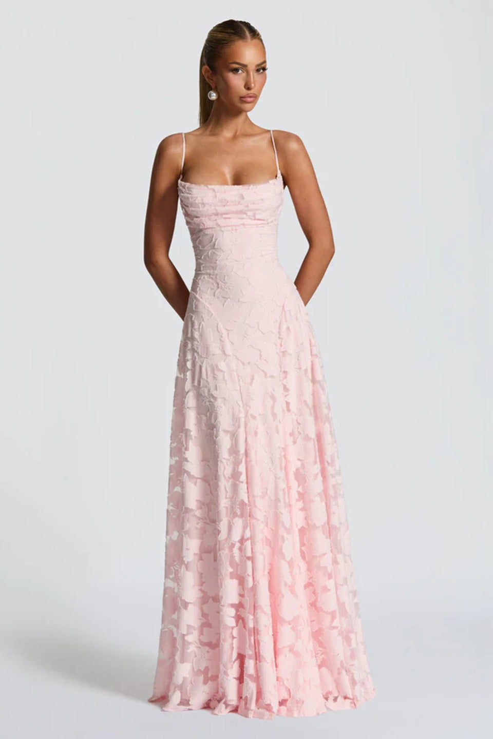 Floral Lace Spaghetti Strap Open Back Tiered Maxi Dress